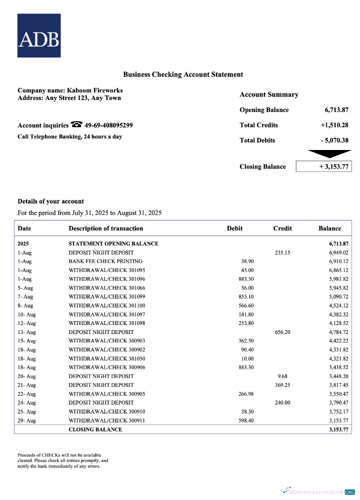 Download Palau ADB corporate checking account statement Word and PDF template Photoshop template